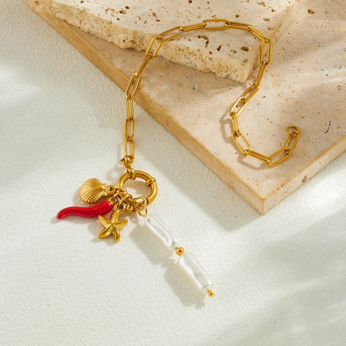 Minimalist Sweet Gold Plated Stainless Steel Starfish Shell Pearl Charm Bar Bracelet