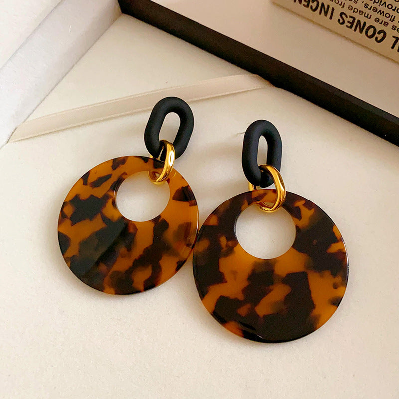 Vintage-Style Geometric Round Hoop Earrings for Women with Alloy Base Plated in Silver Tone Enamel Leopard Print and Rhinestone Inlay