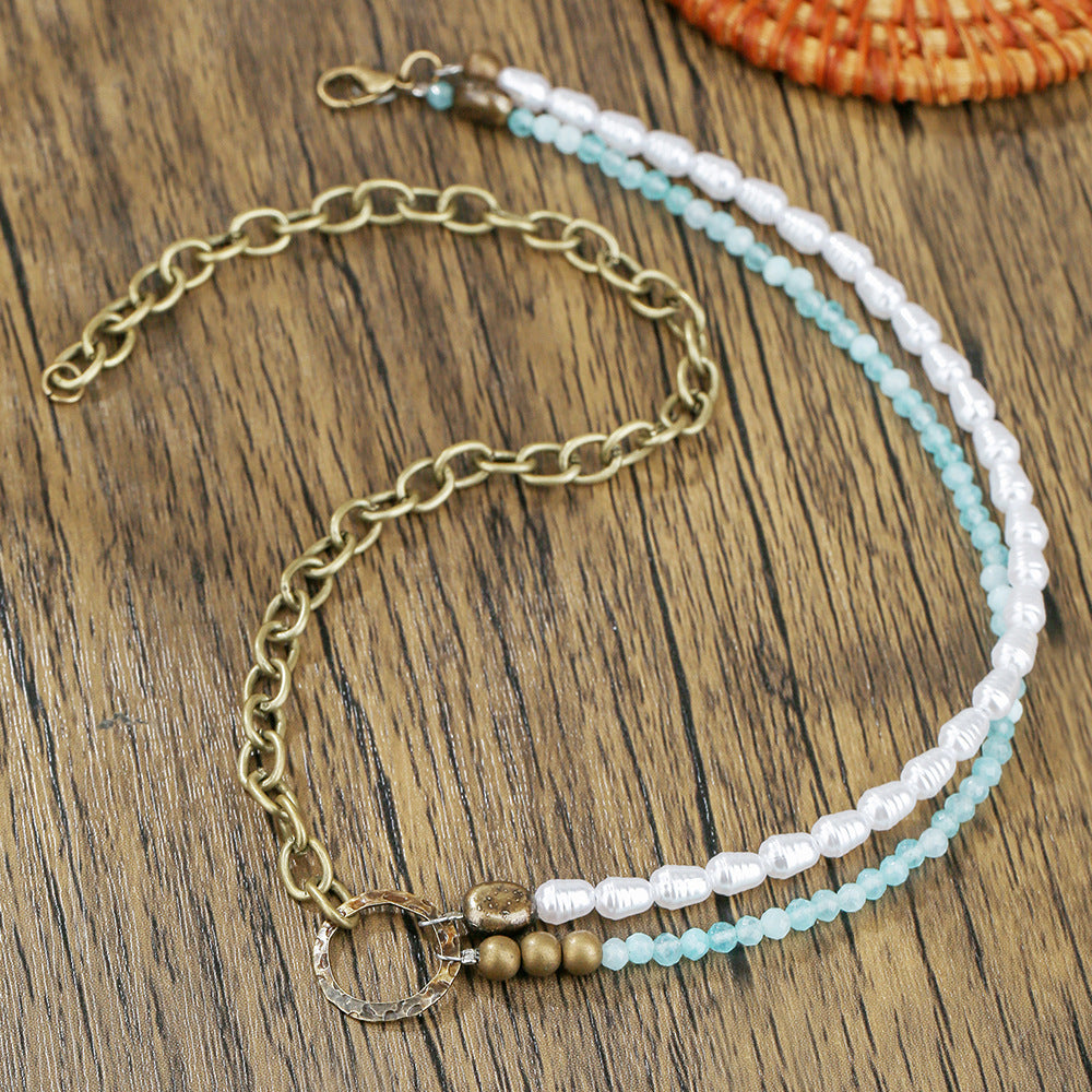 Retro Beach Vacation Style Geometric Pendant Necklace with Imitation Pearl and Glass Beads on Electroplated Alloy O-Chain for Women and Men