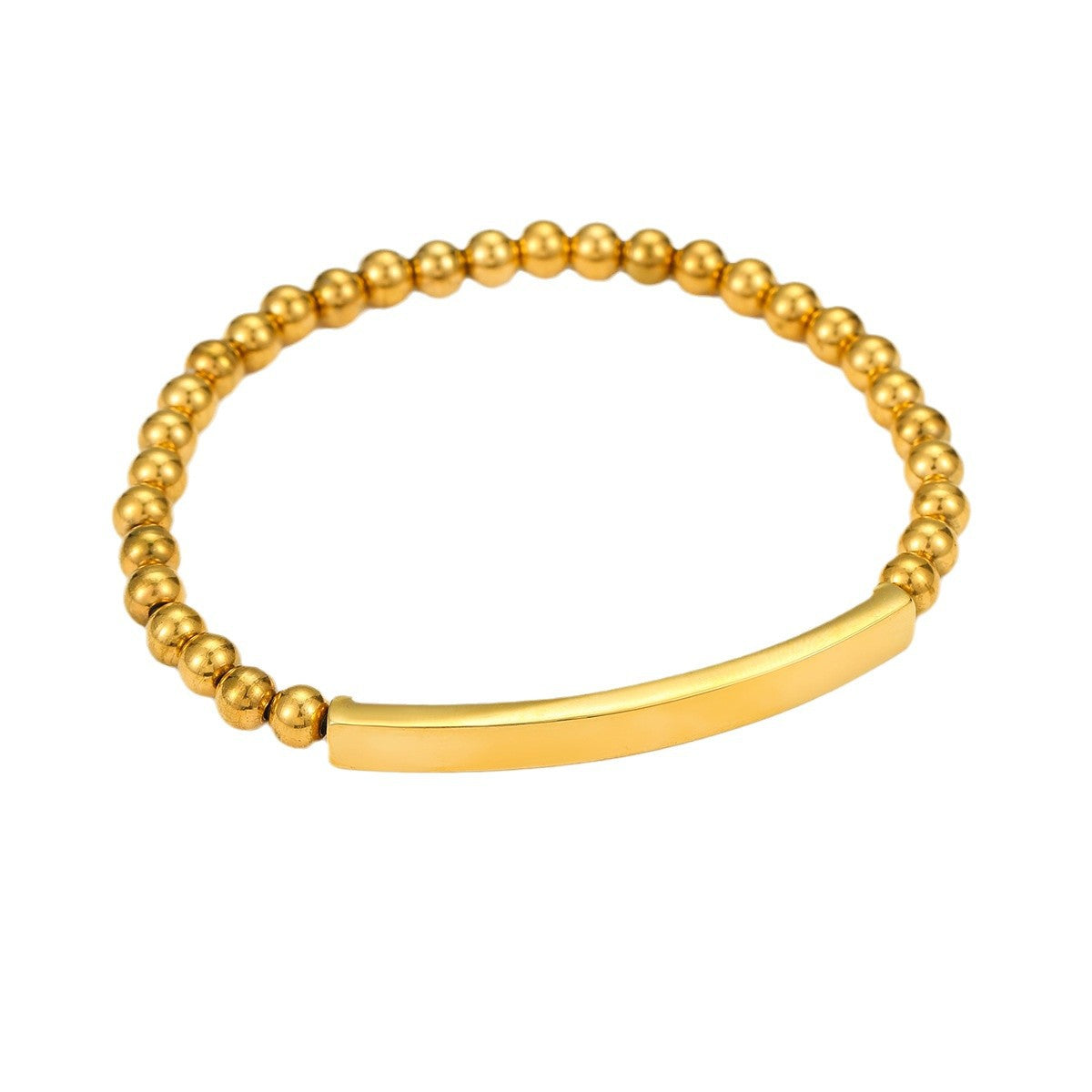 Pulsera minimalista de acero inoxidable de moda con cuentas redondas bañadas en oro de 18 quilates y dije personalizable de acero de titanio para mujer