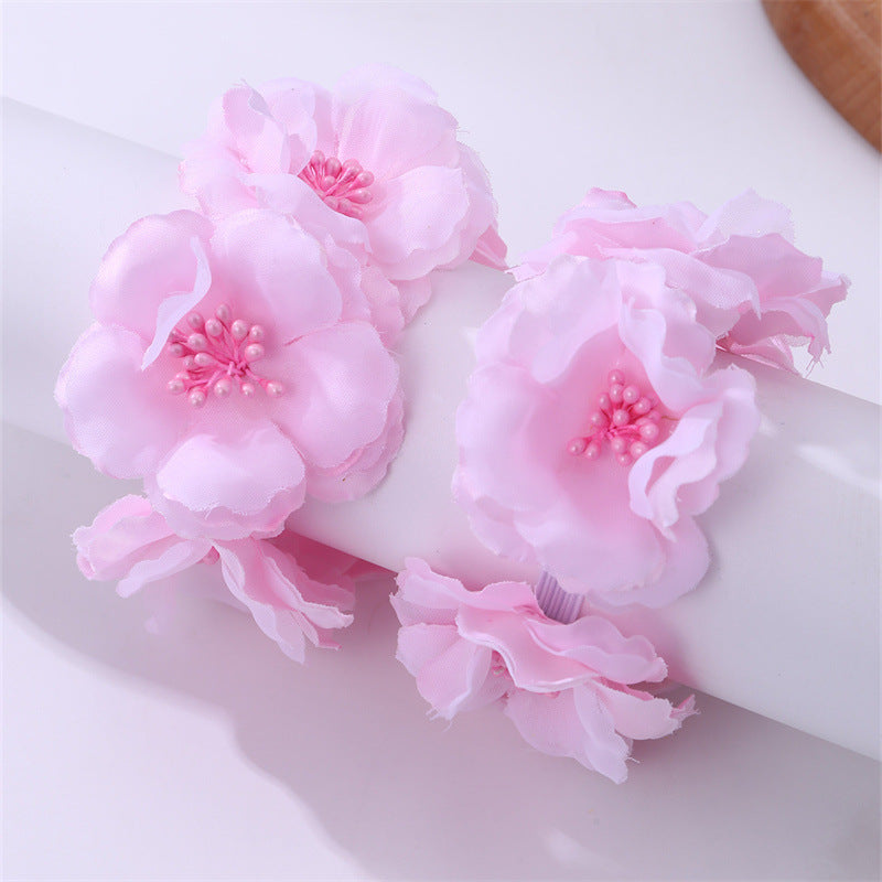 Cute Floral Hair Tie with Pink Flowers and White Daisy Design, Minimalist Pearl-Embellished Fabric Hairband for Kids
