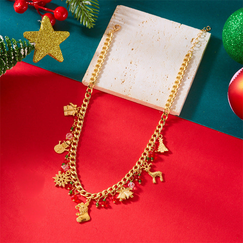 Collar con colgante de árbol de Navidad con campana y copo de nieve, estilo vintage, de aleación chapada con cadena en O, para mujer