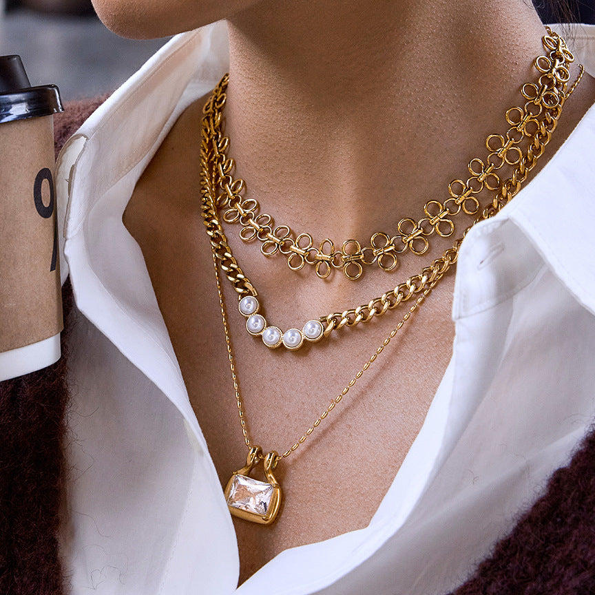 Minimalist 18K Gold Plated Geometric Square Stainless Steel Cubic Zirconia Necklace for Women