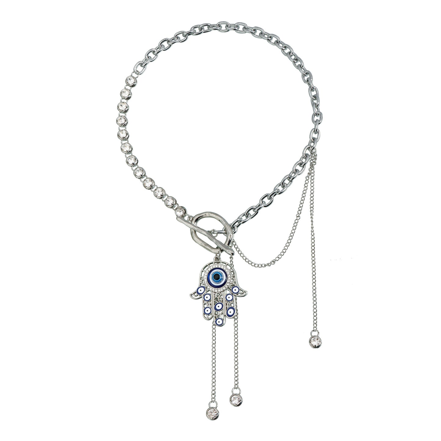 Luxury Elegant Hollow Palm Evil Eye Tassel Crystal Alloy Necklace for Women