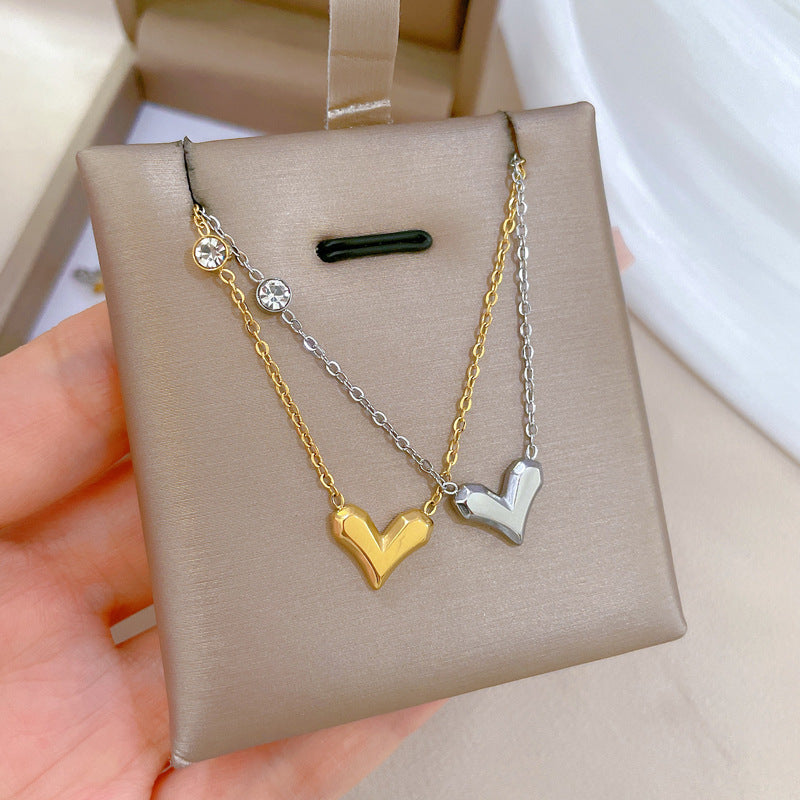 Minimalist Titanium Steel Heart Pendant Collar Chain with Zircon Floral Accents