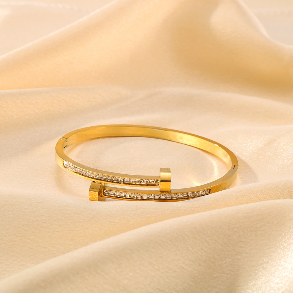Asymmetrical Titanium Steel Bracelet with 18K Gold Plating and Zircon Inlay, Open-Disc Design for Women