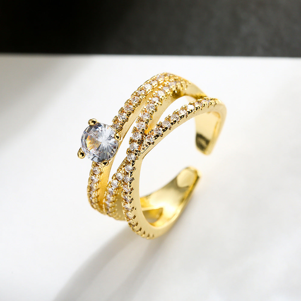 Minimalist Geometric Open Ring for Women Made of Brass with Real Gold Plating and Zircon Inlay