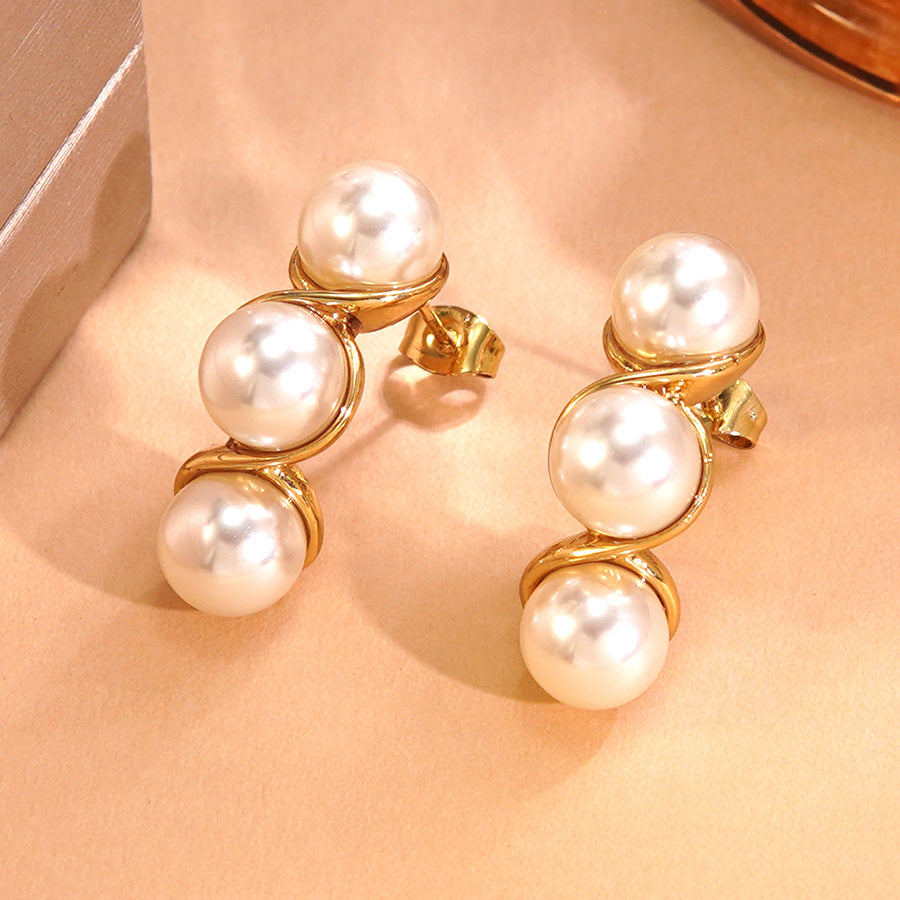 Vintage Geometric Round Pearl Plated Stainless Steel Earrings for Women