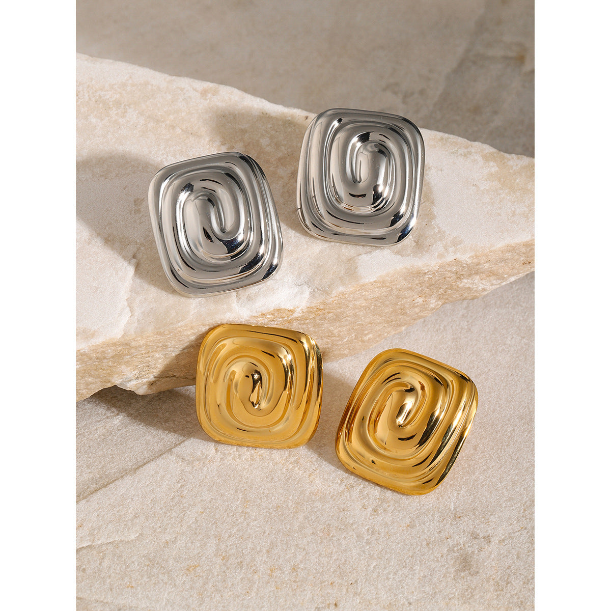 Orecchini a spirale rettangolari geometrici in acciaio inossidabile placcato oro 18K di tendenza per donna