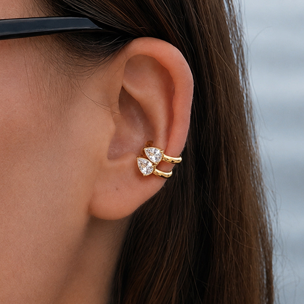 Minimalist Luxury 18K Gold Plated Stainless Steel Teardrop Cubic Zirconia Ear Cuff for Women