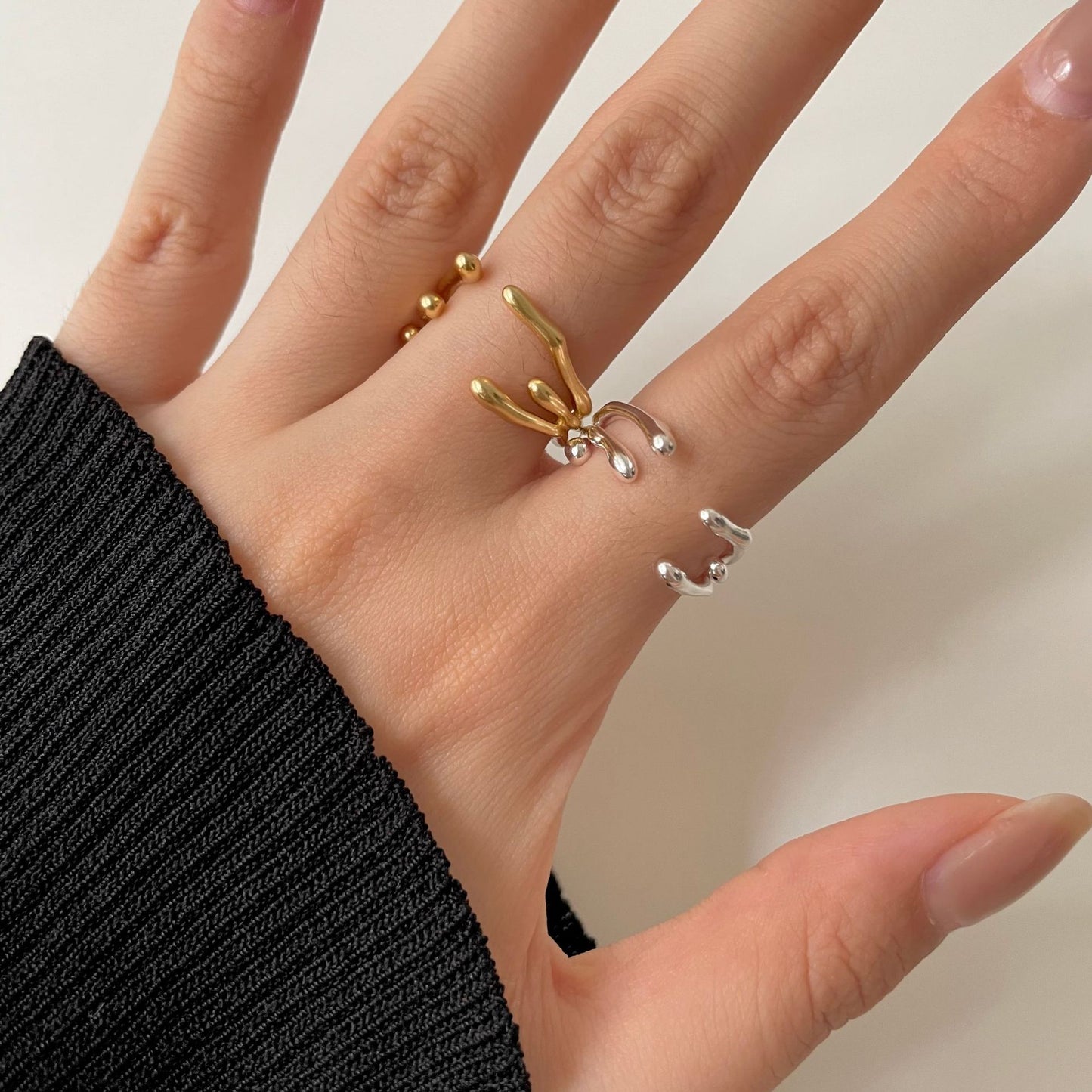 Anillo de plata floral asimétrico minimalista para mujer, de plata de ley 925, joyería hecha a mano