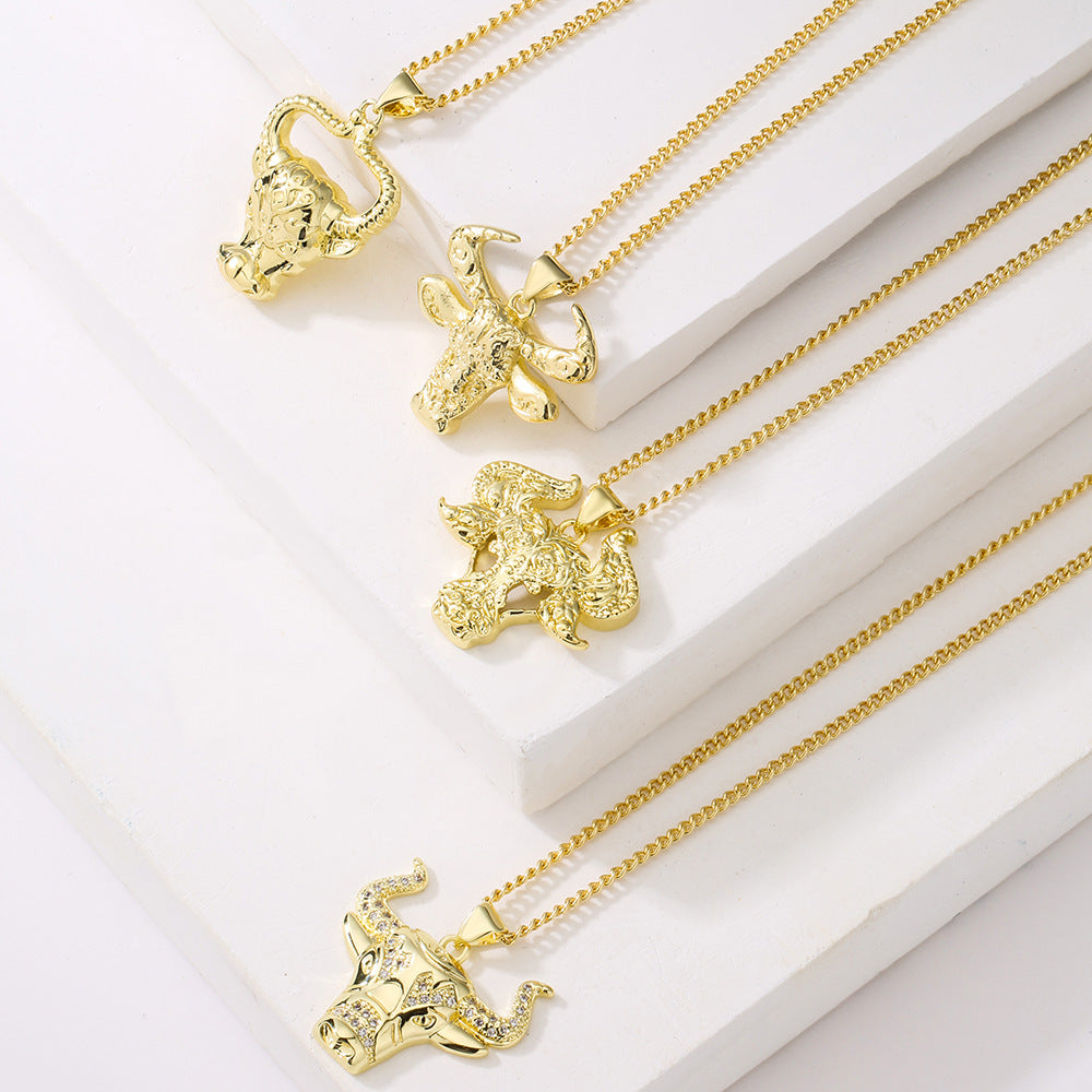 Punk Style Bull Pendant Necklace for Women with Copper Base and 18K Gold Plating, Minimalist Animal Design Locket Chain