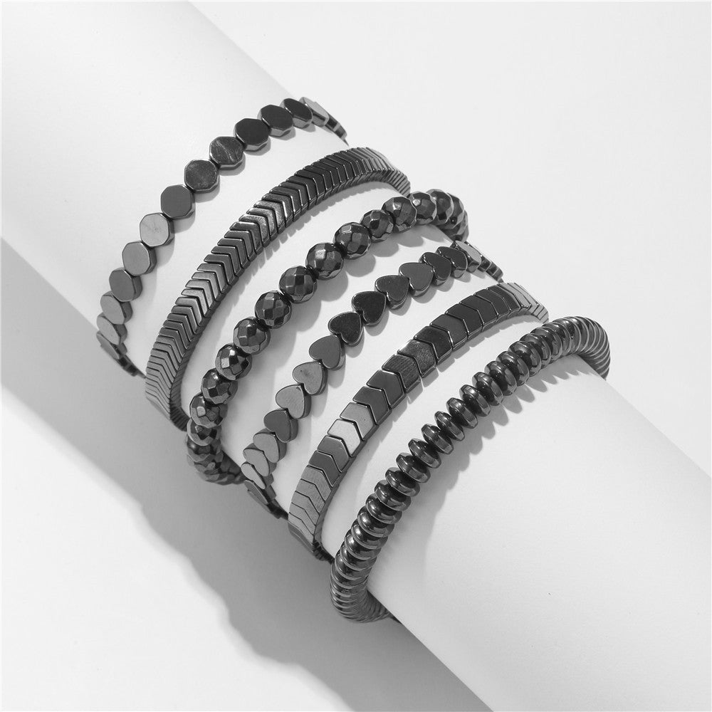 Unique Geometric Heart Round Bead Hematite Handmade Bracelet Adjustable Unisex
