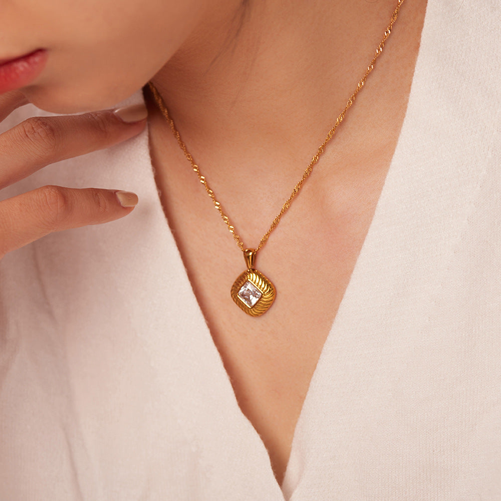 INS Style Stainless Steel Necklace with 18K Gold Plated Square Textured Button Pendant and White Pink or Green Cubic Zirconia for Women