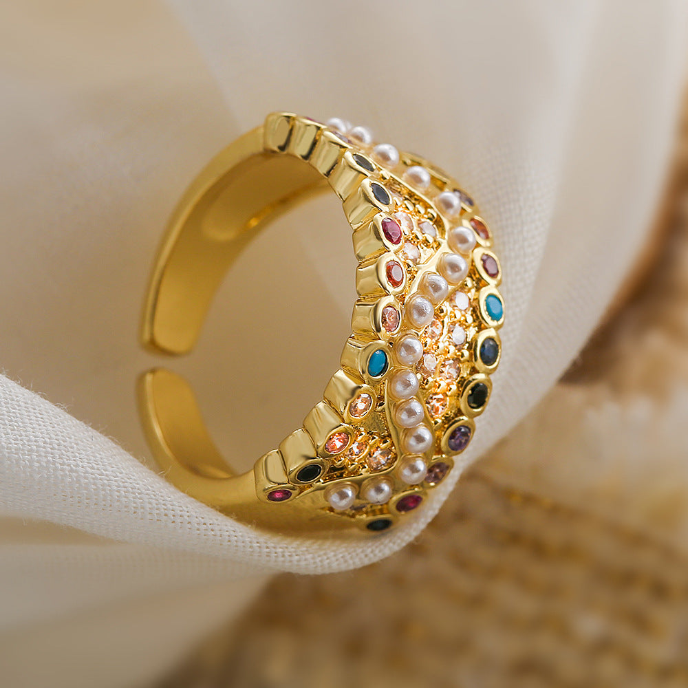 Anello Aperto Geometrico da Donna in Ottone con Placcatura in Oro Vero e Zirconi Micro-Incastonati, Gioielli di Lusso Minimalisti alla Moda