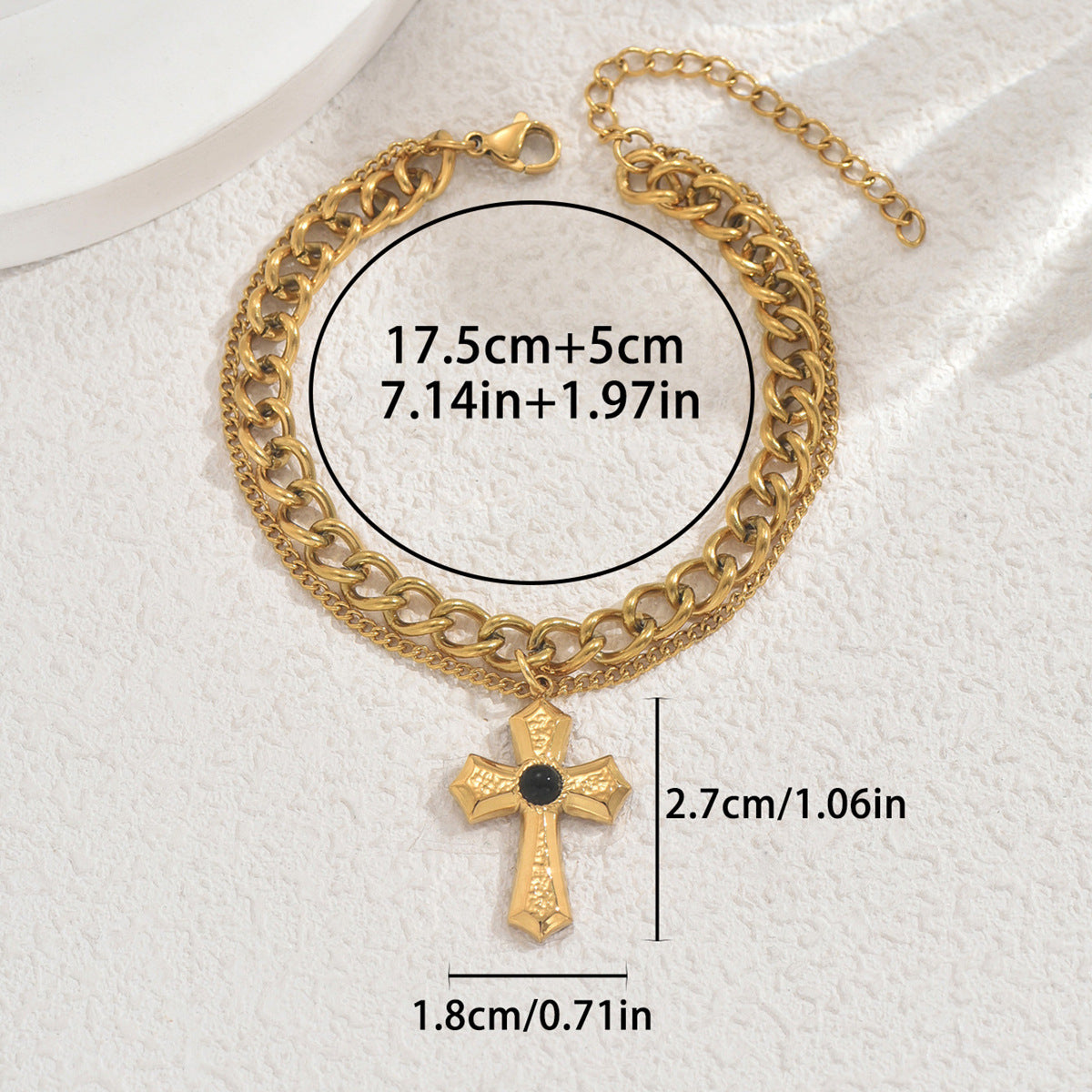 Pulsera geométrica de varias capas para mujer con colgante de cruz e incrustaciones de piedras preciosas en cobre
