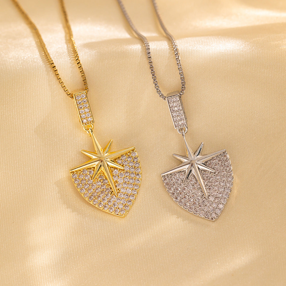 Geometric Shield Heart Pendant Necklace for Women in Titanium Steel with Rhinestone Inlay and Box Chain