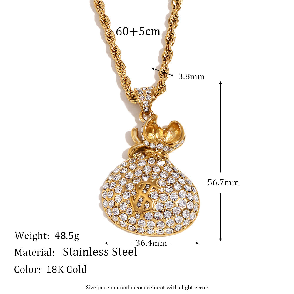 Collar con Colgante de Bolsa de Dinero Geométrico Minimalista para Hombre en Acero Inoxidable con Baño de Oro de 18K y Incrustaciones Completas de Diamantes de Imitación en Cadena Retorcida