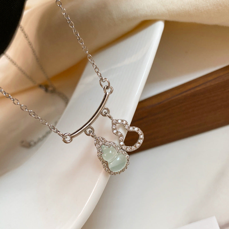 Vintage Chinese Style Titanium Steel Gourd Pendant Necklace with Green Jade Inlay Cable Chain for Unisex