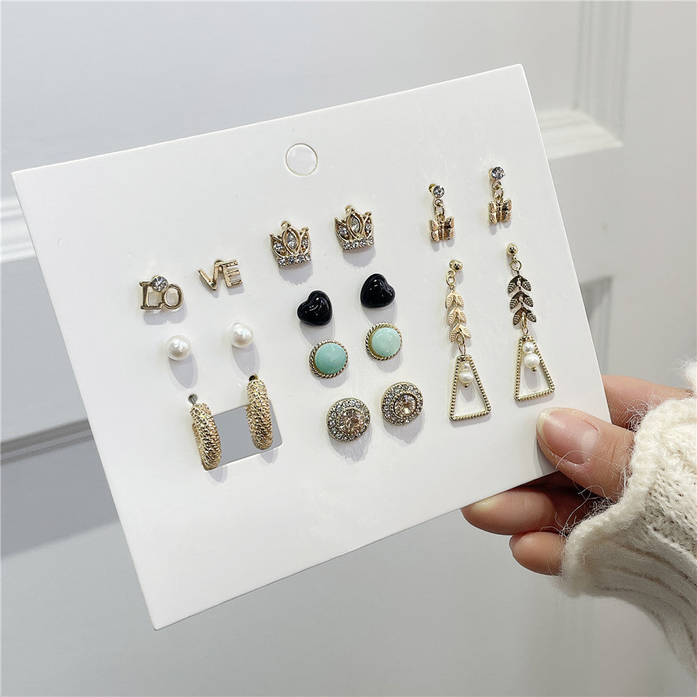 Vintage Geometric Butterfly Round Rhinestone and Pearl Plated Alloy Earring Set