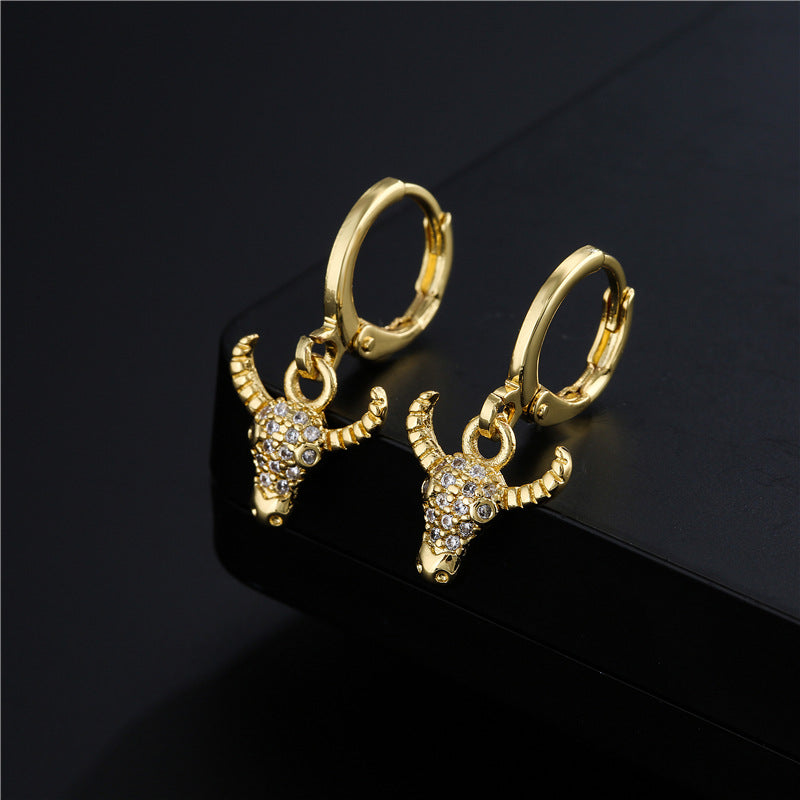 Exotic Bohemian Geometric Bull Stud Earrings in Copper with 18K Gold Plated Posts and Micro-Pave Zirconia