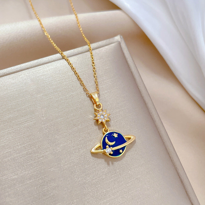 Luxury Sweet Galaxy Planet Pendant Necklace Titanium Steel Chain Rhinestone Inlay Geometric Design