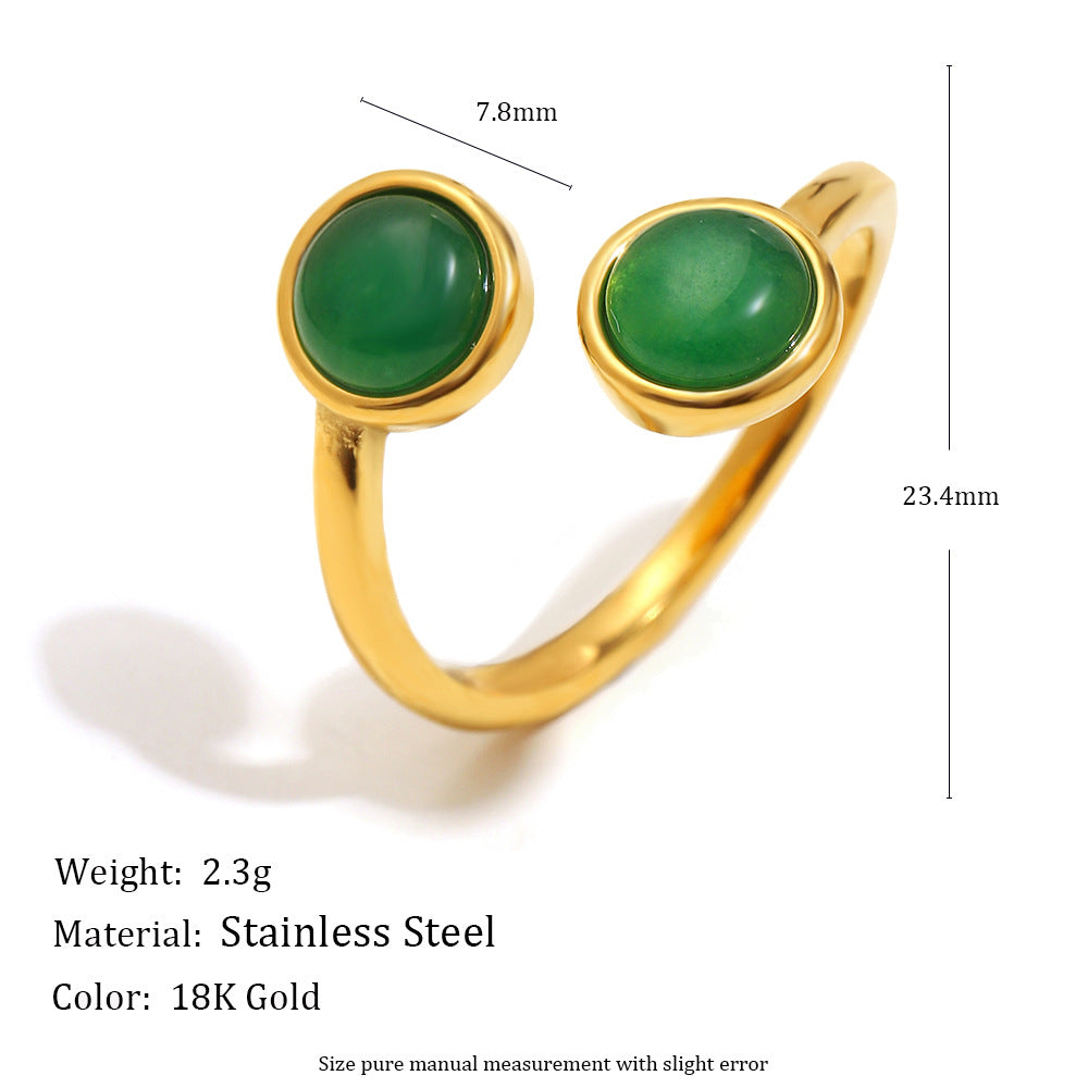 Elegant Vintage French-Style Geometric Stainless Steel Plated 18K Gold Open Ring for Women with Green Agate