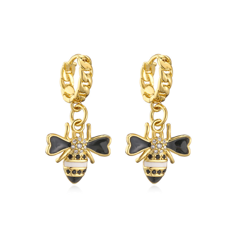 Minimalist Bee-Shaped Copper Pendant Earrings with 18K Gold Plating and Enamel Finish for Women