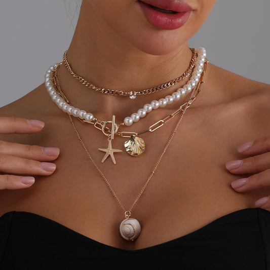 Collar de moda de perlas barrocas y estrellas de mar para mujer con colgante de aleación, forma geométrica y de corazón, acabado galvanizado, cadena casual para la clavícula