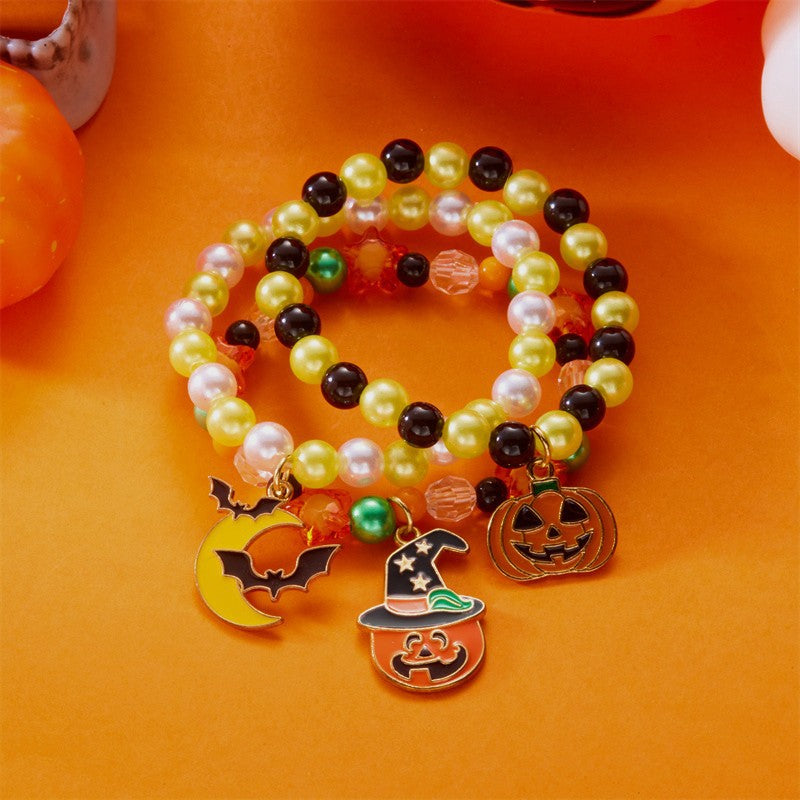 Braccialetto elasticizzato con perline casual geometriche a fantasma e zucca per donna con ciondolo in plastica