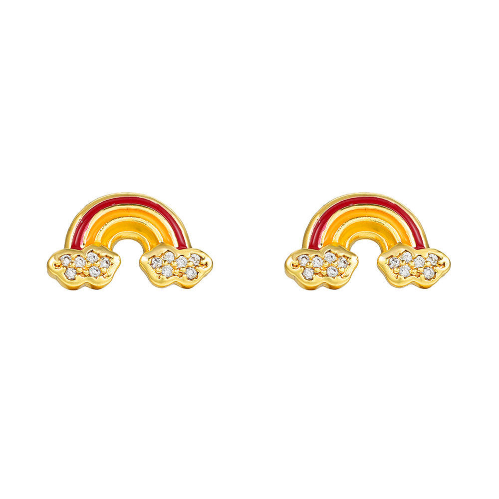 Unique Drip Oil Rainbow Floral Lips Bee Brass Cubic Zirconia Stud Earrings for Women