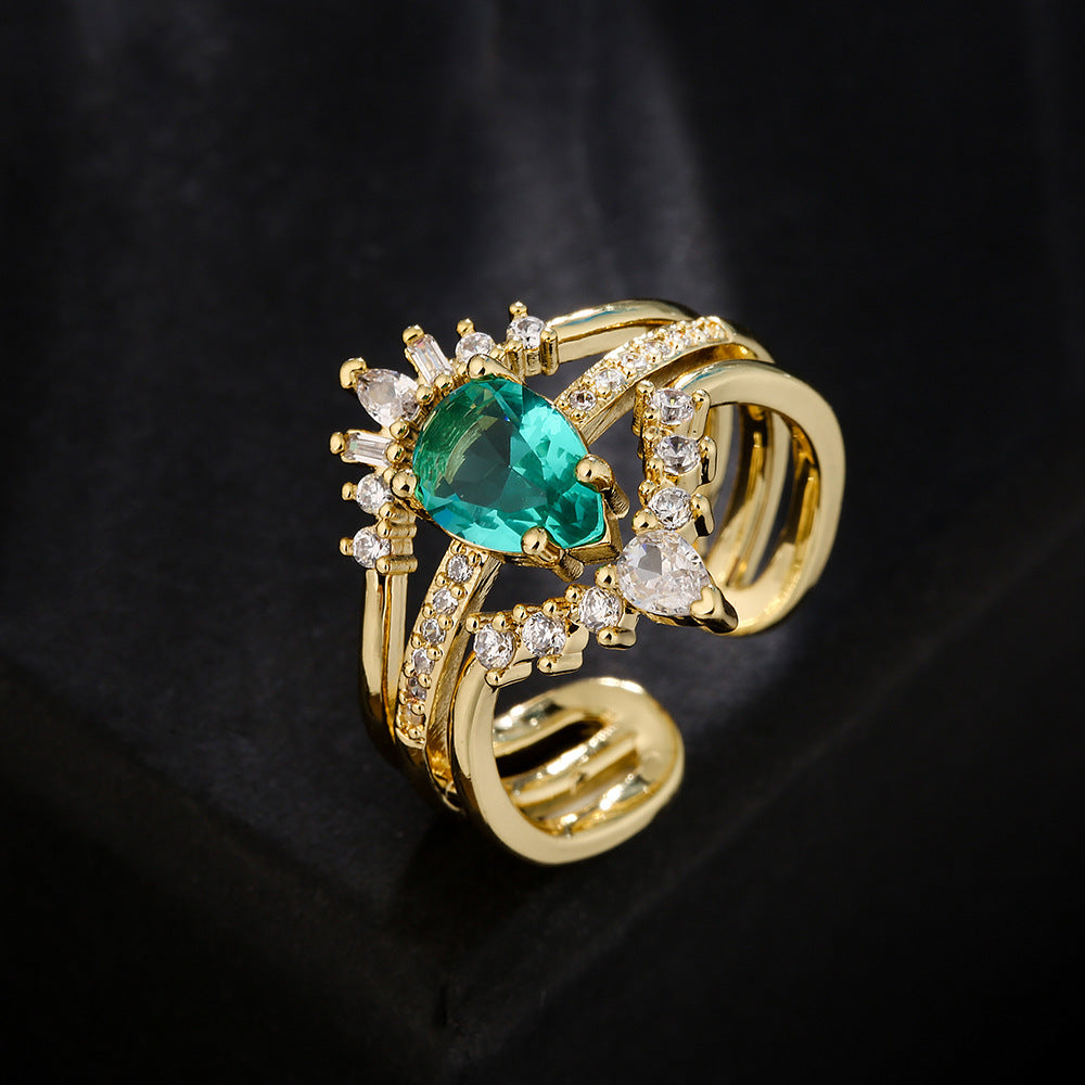 Fashionable 18K Gold Plated Geometric Open Ring with Emerald Zircon for Women