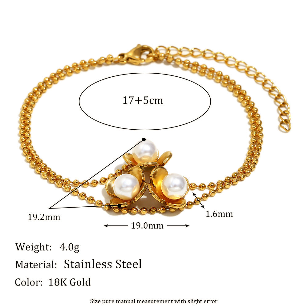 Fashionable OL Style Floral Shape Stainless Steel Plated 18K Gold Beaded Bracelet for Women