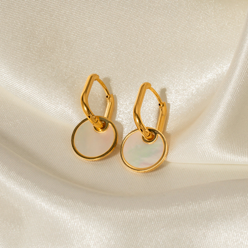 Minimalist Geometric Titanium Steel Earrings with 18K White Mother-of-Pearl Round Pendants Electroplated Finish