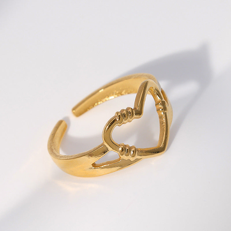 Minimalist Titanium Steel Leaf and Heart Shape Open Ring for Women with Plated Finish