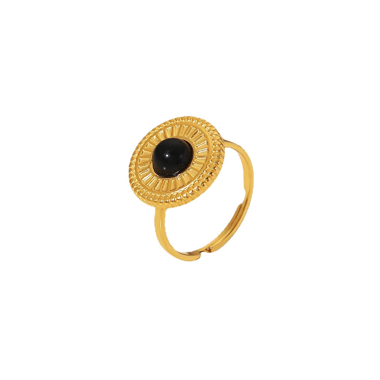 Minimalist Geometric Black Stainless Steel Adjustable Ring with Round Disc Pendant for Women