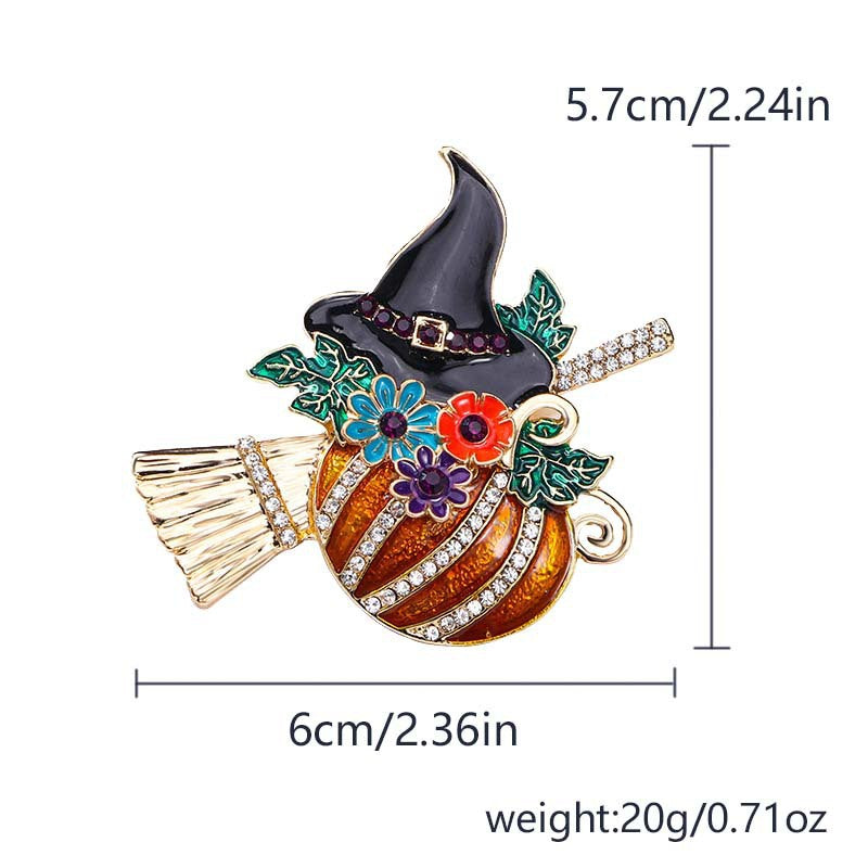 Halloween-Themed Pumpkin Witch Brooch with Magic Hat and Broomstick Design in Zinc Alloy with Enamel Finish