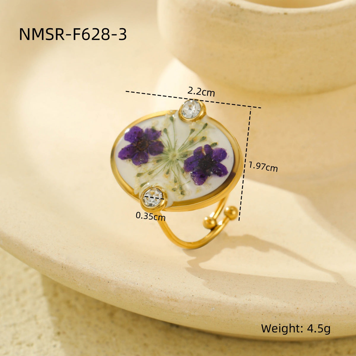 Anillo de Acero Inoxidable con Forma de Corazón a la Moda y Flor Seca Incrustada para Mujer, Baño de Oro, Joyería Chic Minimalista para Oficina