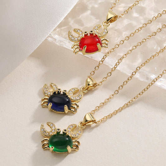 Minimalist Sweet 18K Gold Plated Brass Cubic Zirconia Crab Pendant Necklace for Women