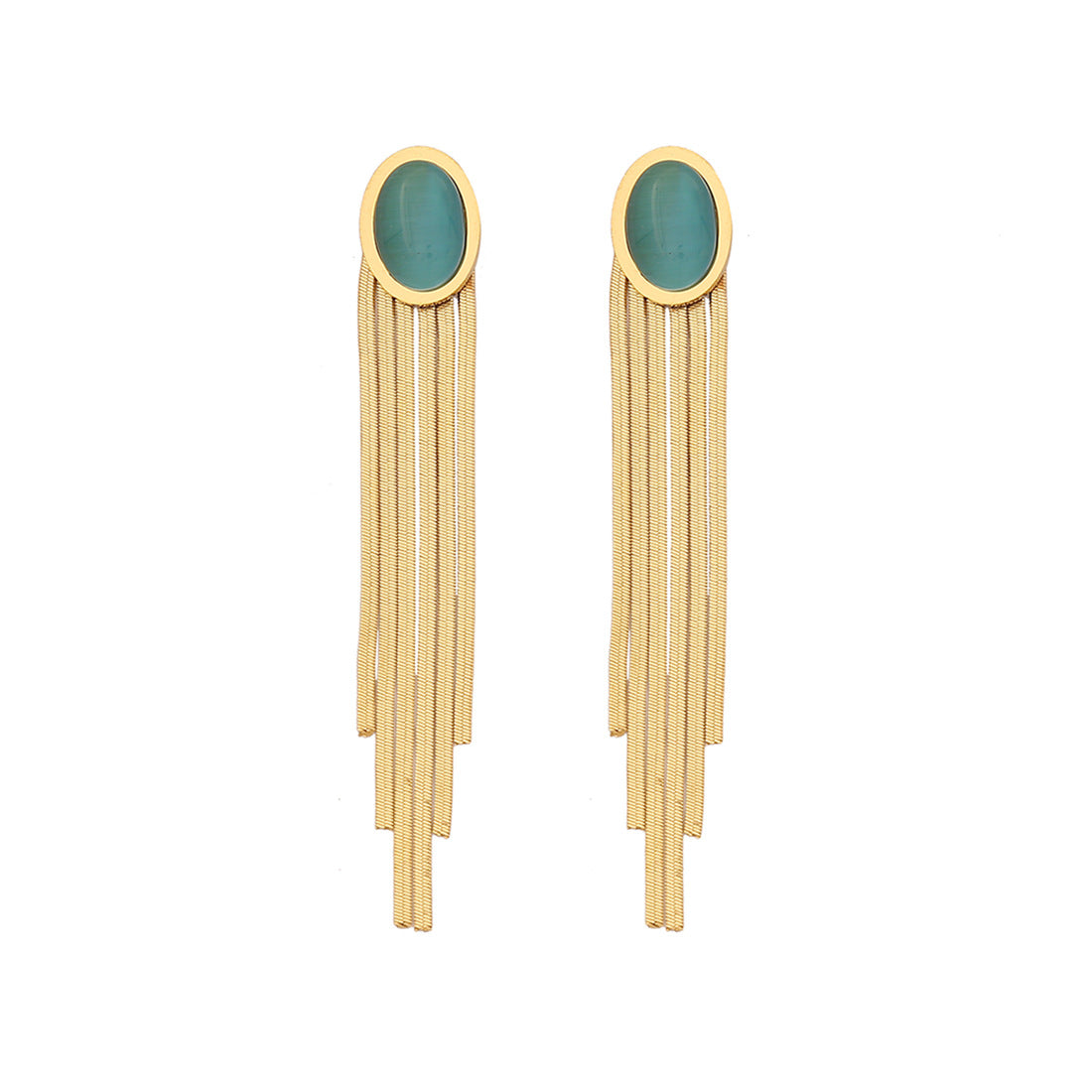 Vintage-Style Geometric Stainless Steel Earrings with Tassel and Pearl Accents Cat Eye Oval Design for Women