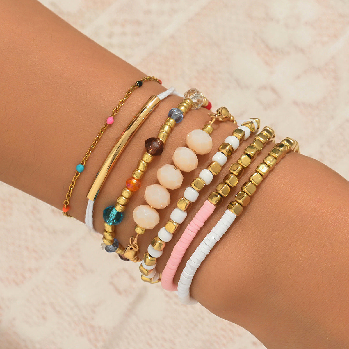Bohemian Geometric Round Heart Handmade Alloy Glass Beaded Bracelet Set for Women