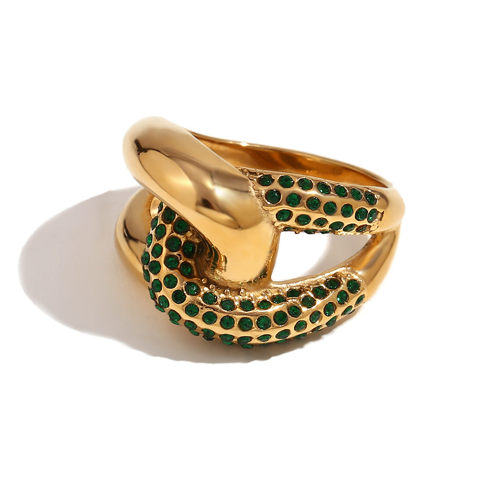 Fashionable Geometric Stainless Steel Ring with 18K Gold Plating and Contrasting Zirconia Accents for Women