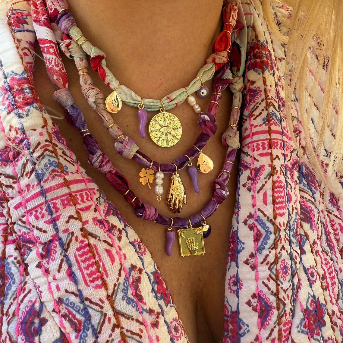 Bohemian Style Star Mushroom Cherry Multi-Pendant Necklace for Women with Copper Chain and Resin Pendants, Electroplated Finish