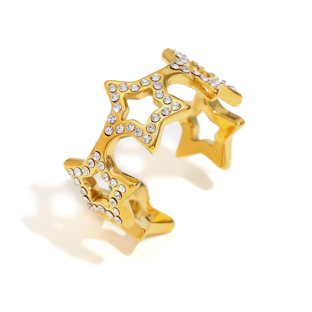 Minimalist Stainless Steel Star-Shaped Ring with 18K Gold Plating and Rhinestone Accents for Women