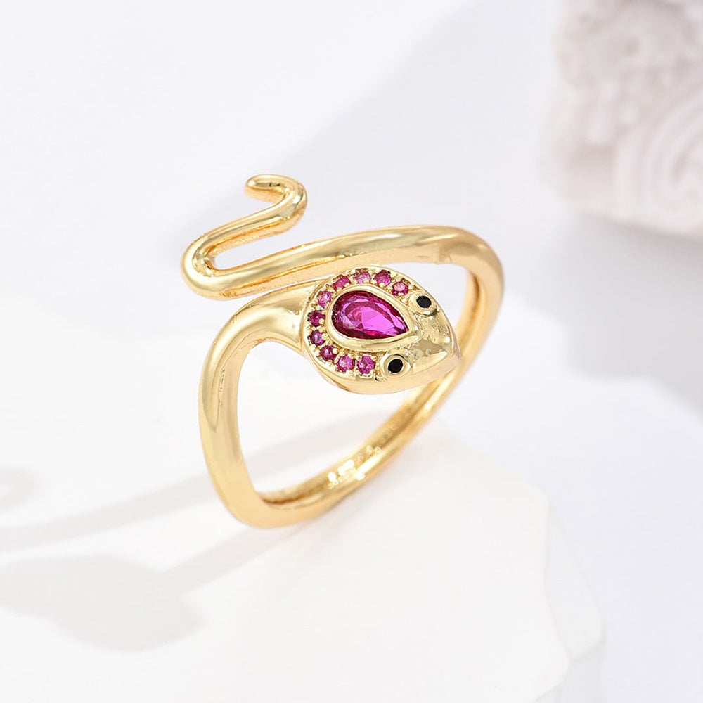 Anello Minimalista a Serpente Geometrico in Rame Placcato Oro Vero con Zirconi Micro-Pavé da Donna