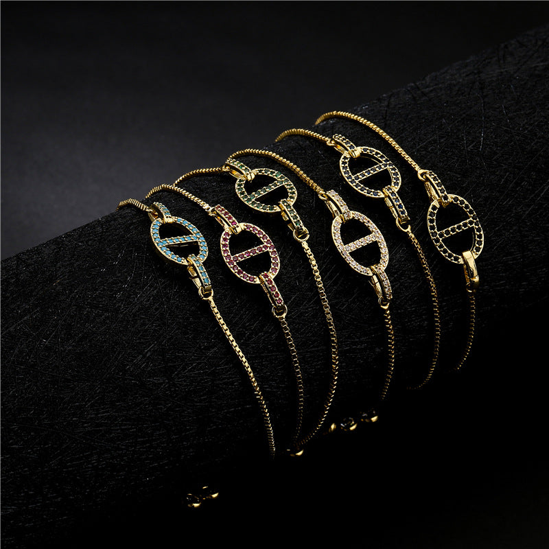 Micro-Paved Cubic Zirconia Geometric Pig Nose Brass Box Chain Bracelet for Women