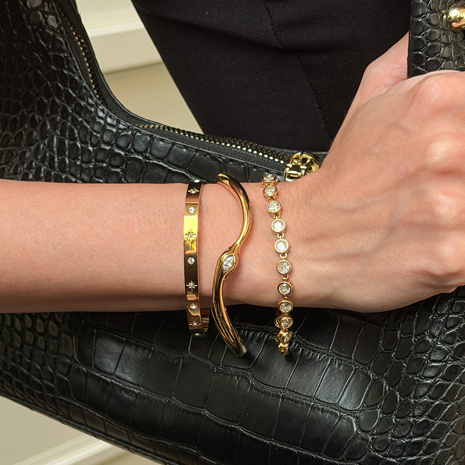 Fashion 18K Gold Plated Stainless Steel Rhinestone Inlaid Geometric Snake Chain Open Cuff Bracelet