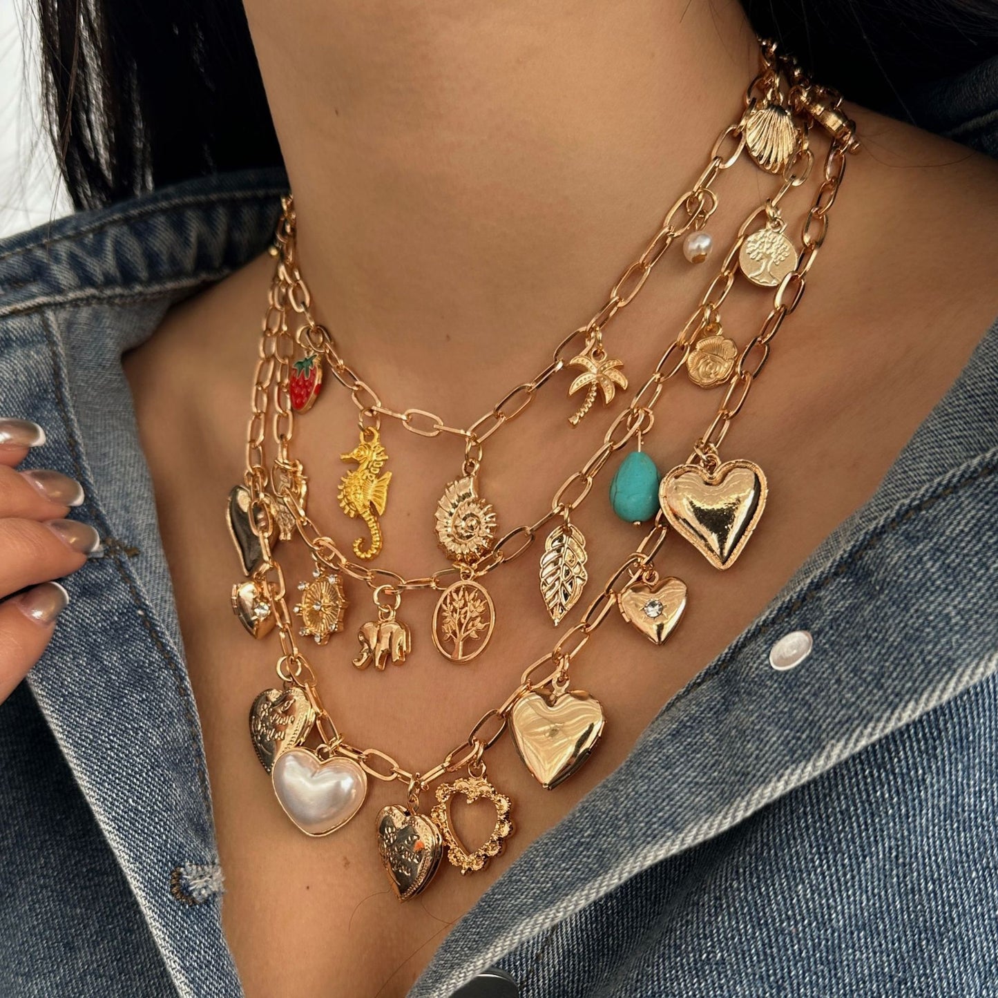 Casual Heart Cross Rhinestone Plated Alloy Necklace Layered Cable Chain for Women