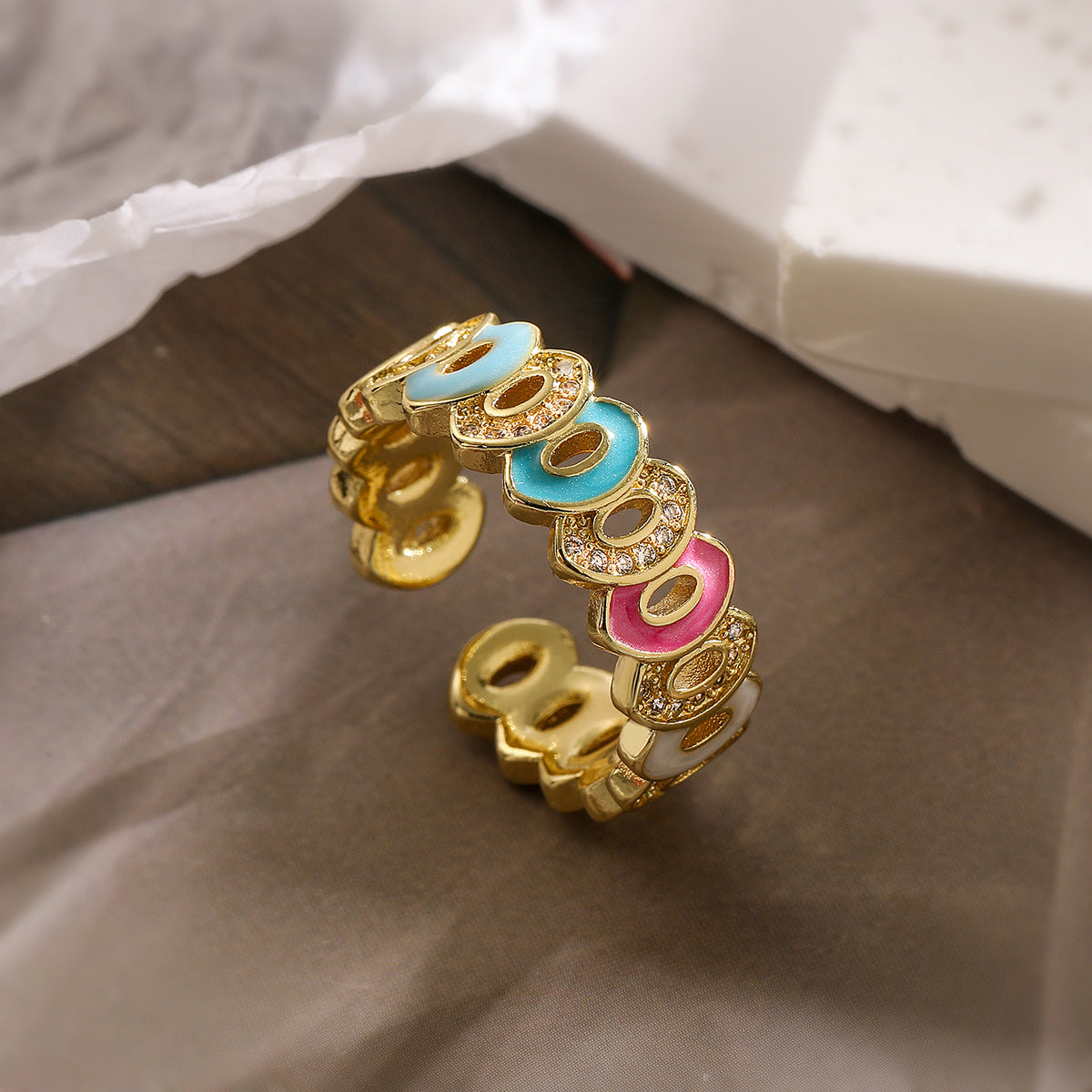 Bohemian Style Geometric Open Ring for Women Made of Copper with Real Gold Plating and Zircon Inlay with Enamel Finish