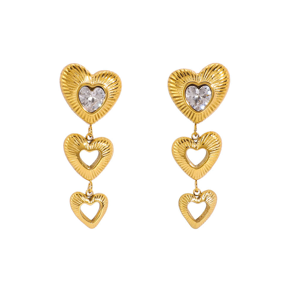 Ins Style Heart Shaped Zirconia Studded Stainless Steel Dangle Earrings with 18K Gold Plating and Textured Waterproof Finish